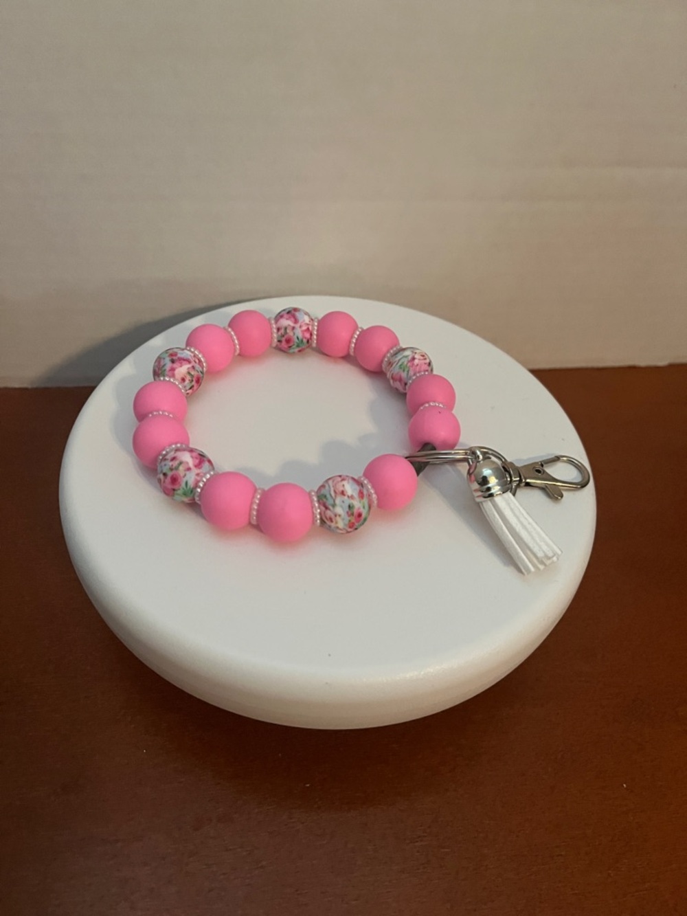 Pink Floral Beaded Key & Card Holder Bracelet